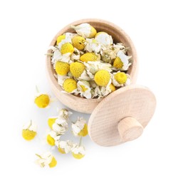 Chamomile flowers in wooden bowl isolated on white, top view