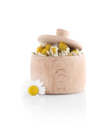 Photo of Fresh and dry chamomile flowers in wooden bowl isolated on white