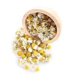 Photo of Chamomile flowers and wooden bowl isolated on white, top view