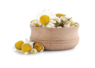 Photo of Fresh and dry chamomile flowers in wooden bowl isolated on white