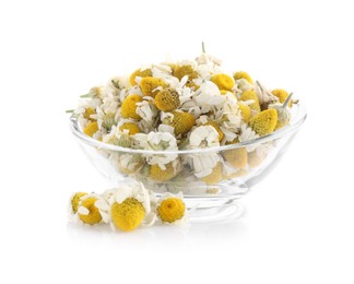 Photo of Chamomile flowers in glass bowl isolated on white