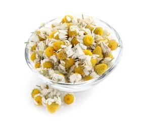Photo of Chamomile flowers in glass bowl isolated on white