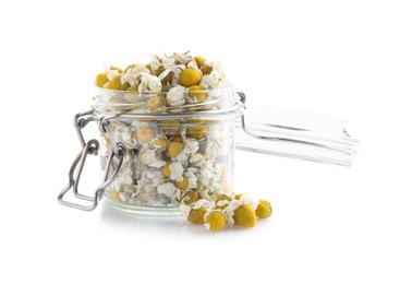 Chamomile flowers in glass jar isolated on white