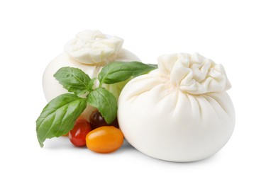 Photo of Fresh delicious burrata cheese, tomatoes and basil isolated on white