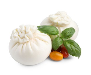 Photo of Fresh delicious burrata cheese, tomatoes and basil isolated on white