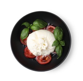 Photo of Delicious burrata cheese, tomatoes and basil in bowl isolated on white, top view