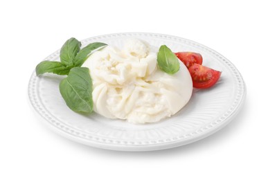 Photo of Delicious burrata cheese, tomatoes and basil isolated on white