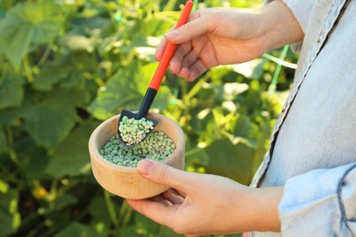 Photo of Woman holding plant fertilizer in bowl outdoors, closeup