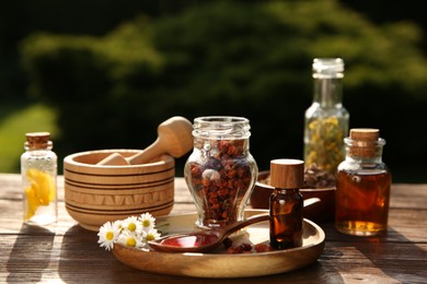Photo of Different tinctures, ingredients, mortar and pestle on wooden table outdoors