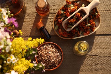 Tincture in bottles and different ingredients on wooden table, flat lay