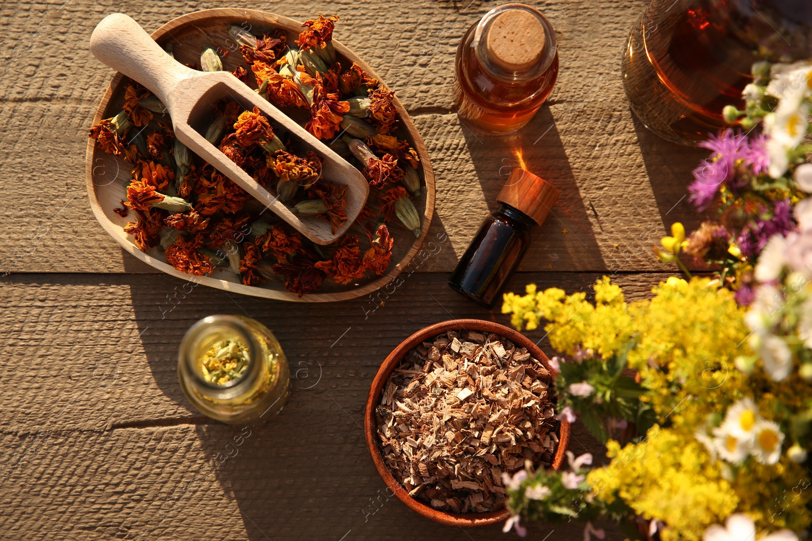 Photo of Tincture in bottles and different ingredients on wooden table, flat lay