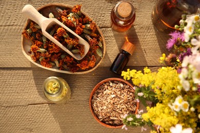 Tincture in bottles and different ingredients on wooden table, flat lay