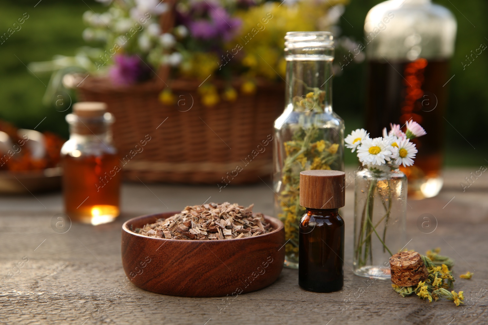 Photo of Tincture in bottle and different ingredients on wooden table outdoors