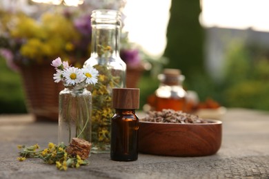 Photo of Tincture in bottle and different ingredients on wooden table outdoors