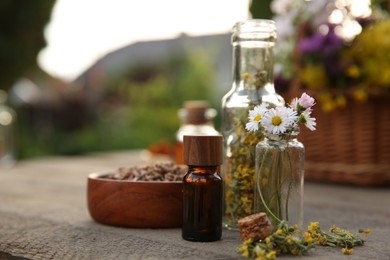 Tincture in bottle and different ingredients on wooden table outdoors