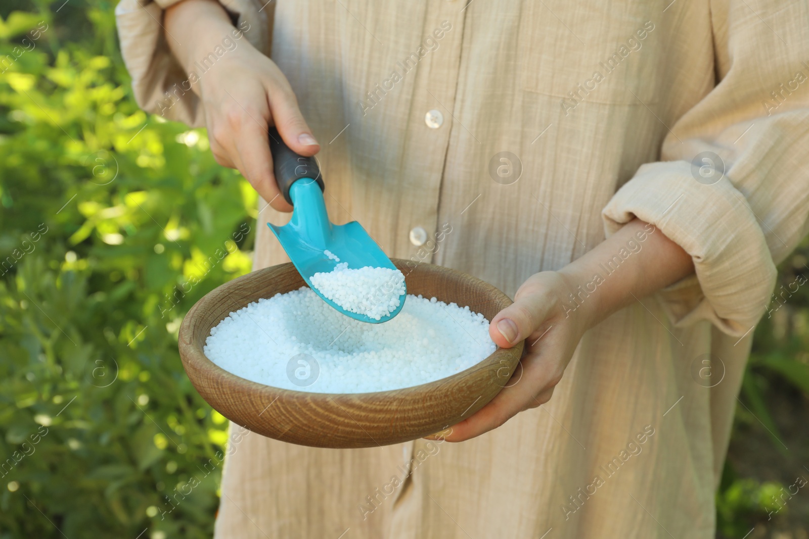 Photo of Woman holding plant fertilizer in bowl outdoors, closeup