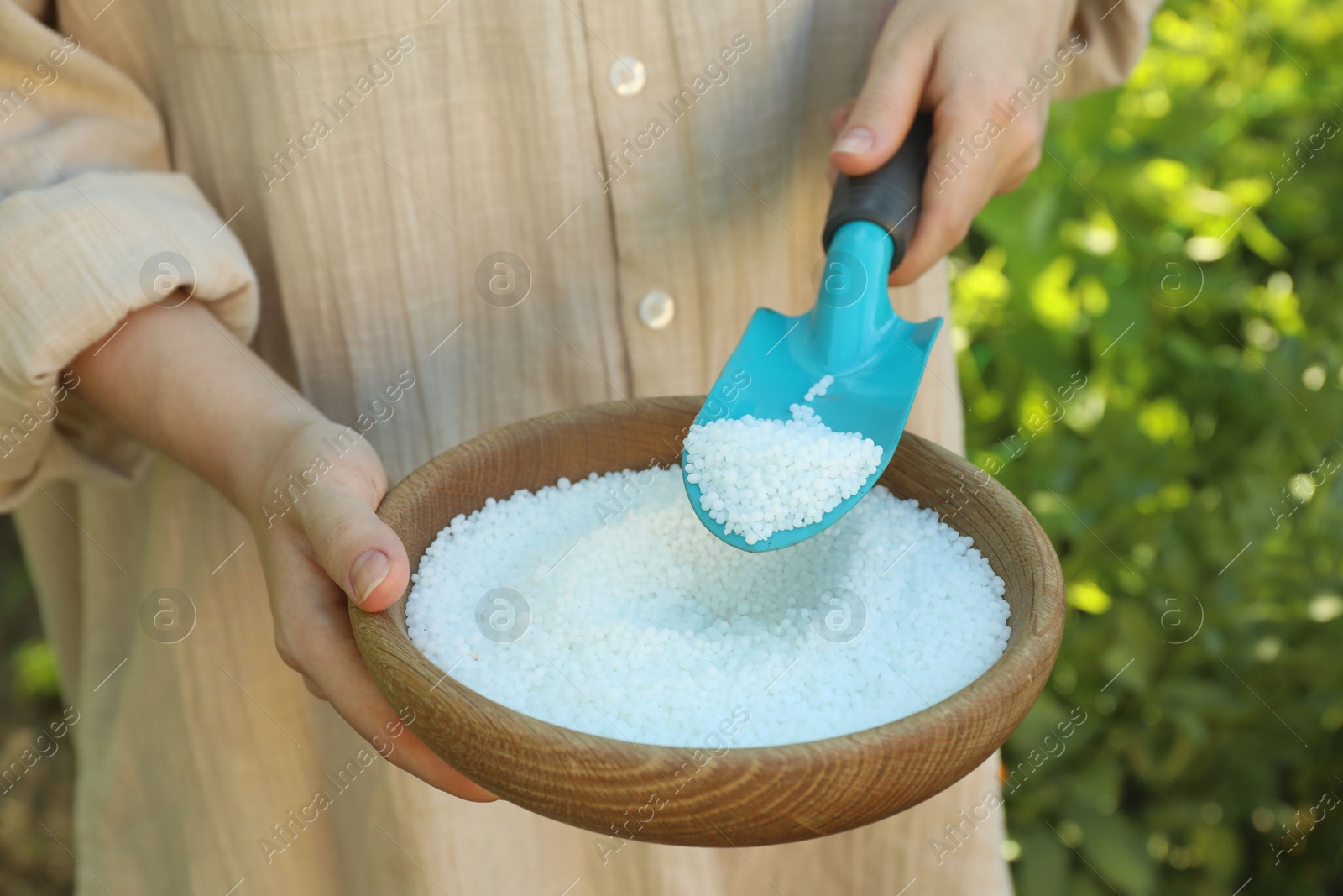 Photo of Woman holding plant fertilizer in bowl outdoors, closeup