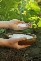 Photo of Woman putting fertilizer onto soil under plant outdoors, closeup