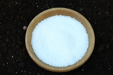 Photo of Plant fertilizer in bowl on soil outdoors, above view