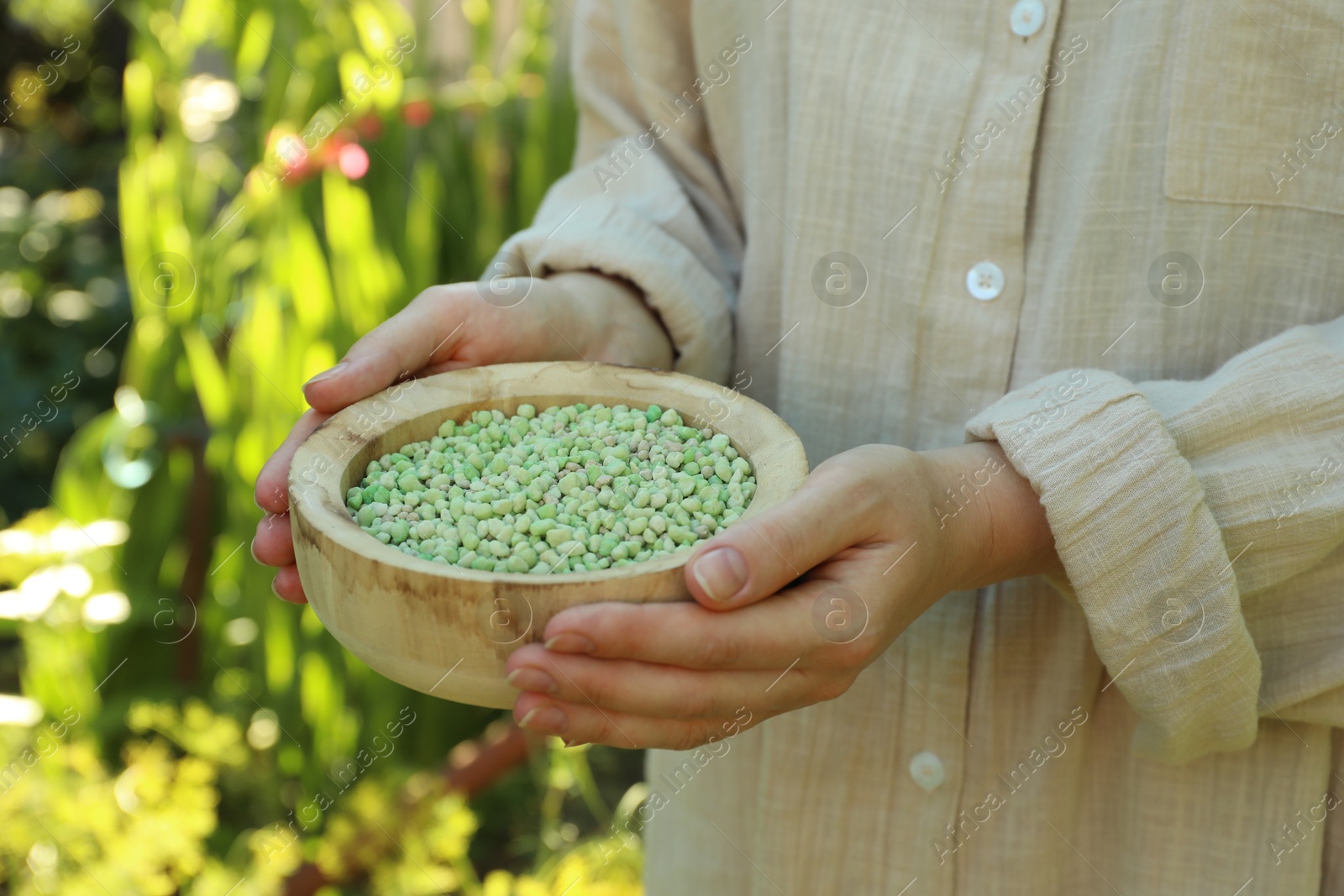 Photo of Woman holding plant fertilizer in bowl outdoors, closeup