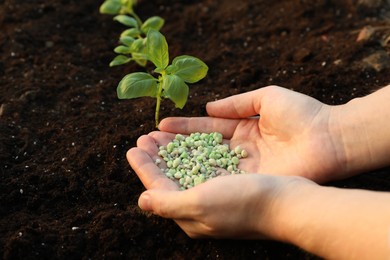 Photo of Woman putting fertilizer onto soil under plant outdoors, closeup