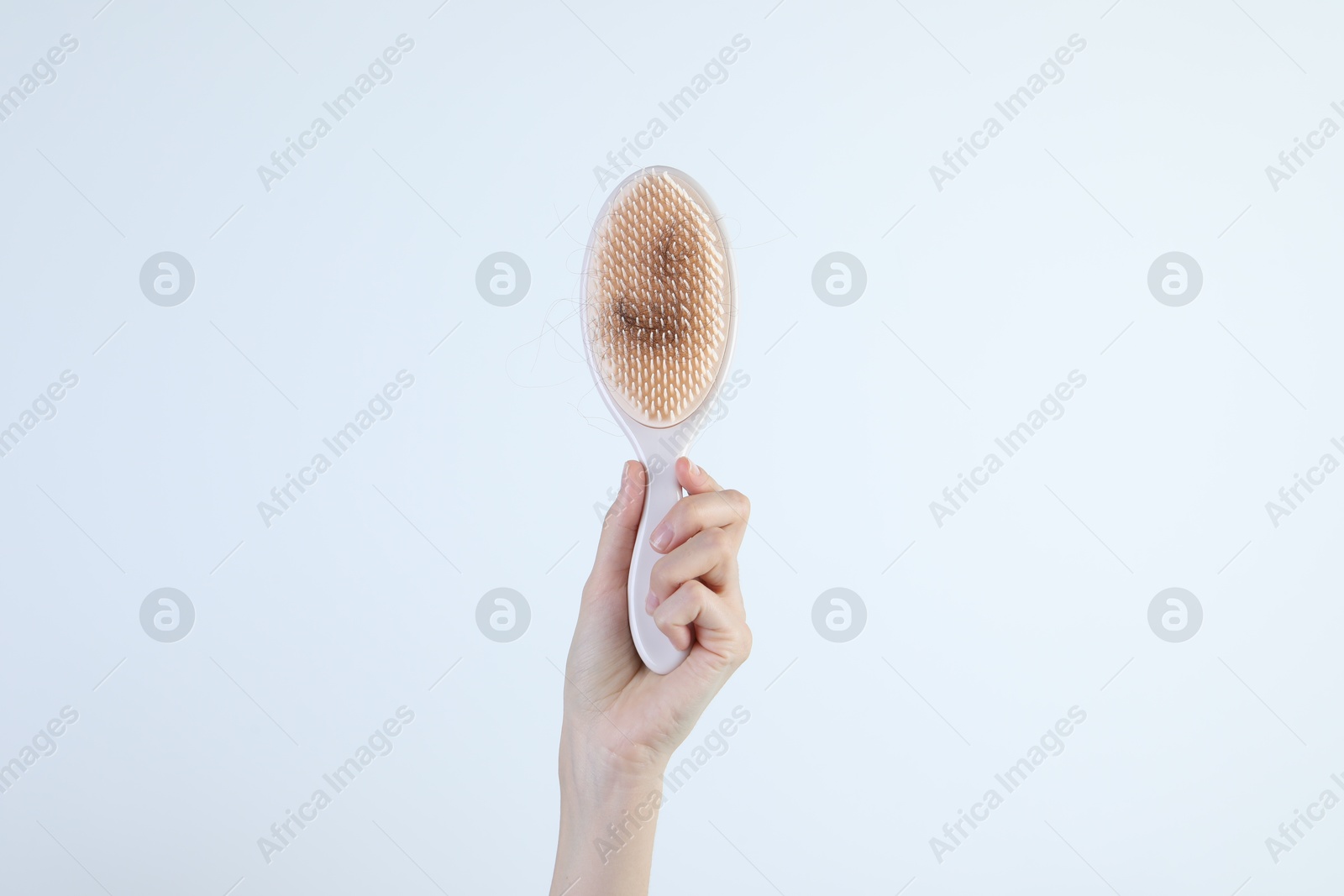 Photo of Woman holding brush with lost hair on light grey background, closeup