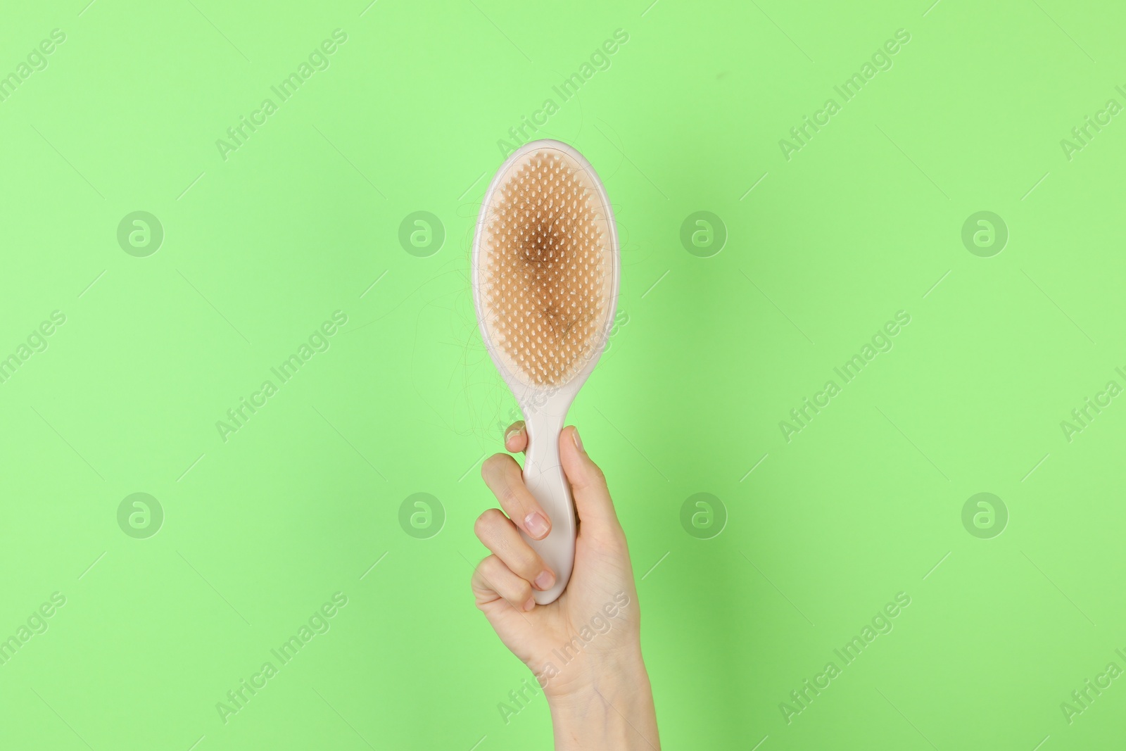 Photo of Woman holding brush with lost hair on green background, closeup