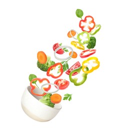 Image of Bowl with fresh vegetables in air on white background. Making fresh salad