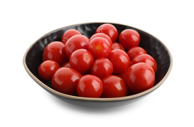 Photo of Tasty pickled tomatoes in bowl isolated on white