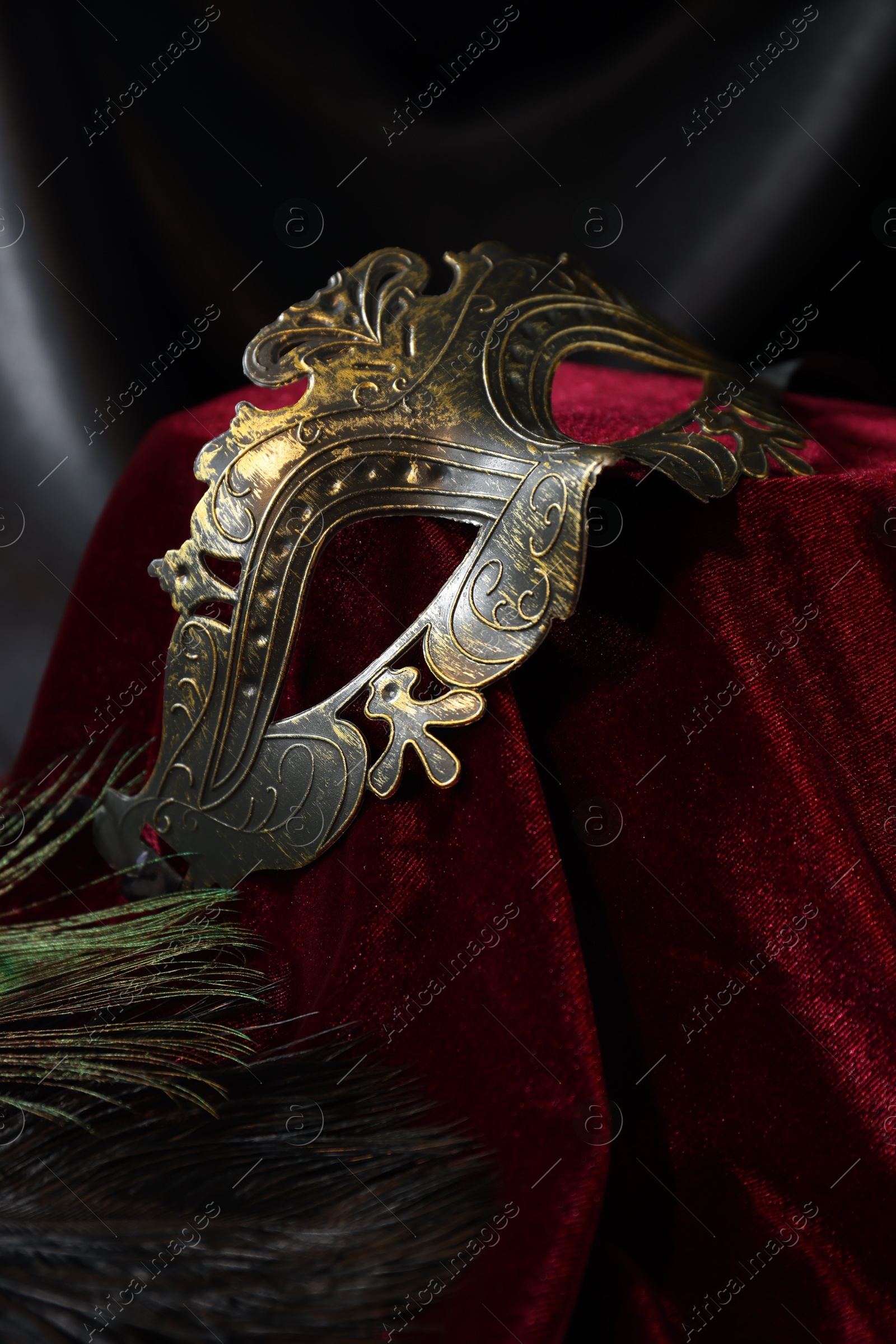 Photo of One beautiful carnival mask on red fabric, closeup