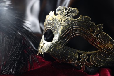 Photo of Beautiful carnival mask and feather on red fabric, closeup