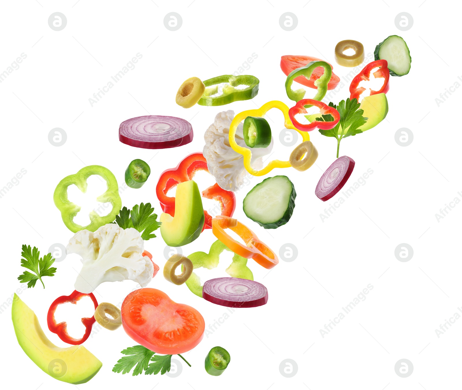 Image of Fresh vegetables for salad in air on white background