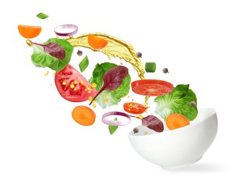 Image of Bowl with fresh vegetables and oil in air on white background. Making fresh salad