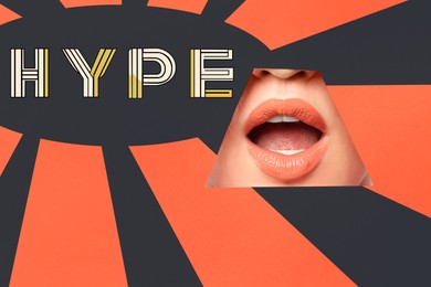Illustration of Hype word and surprised woman's lips on bright background