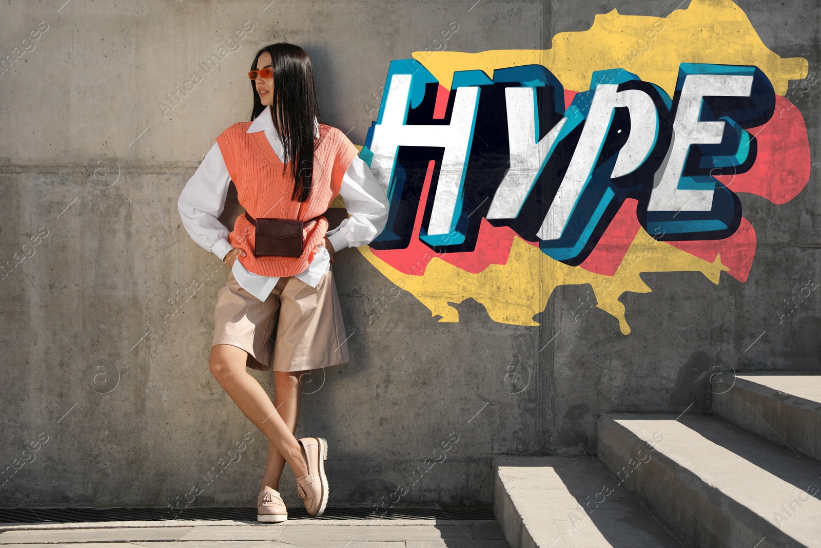 Illustration of Stylish woman near wall with Hype graffiti outdoors