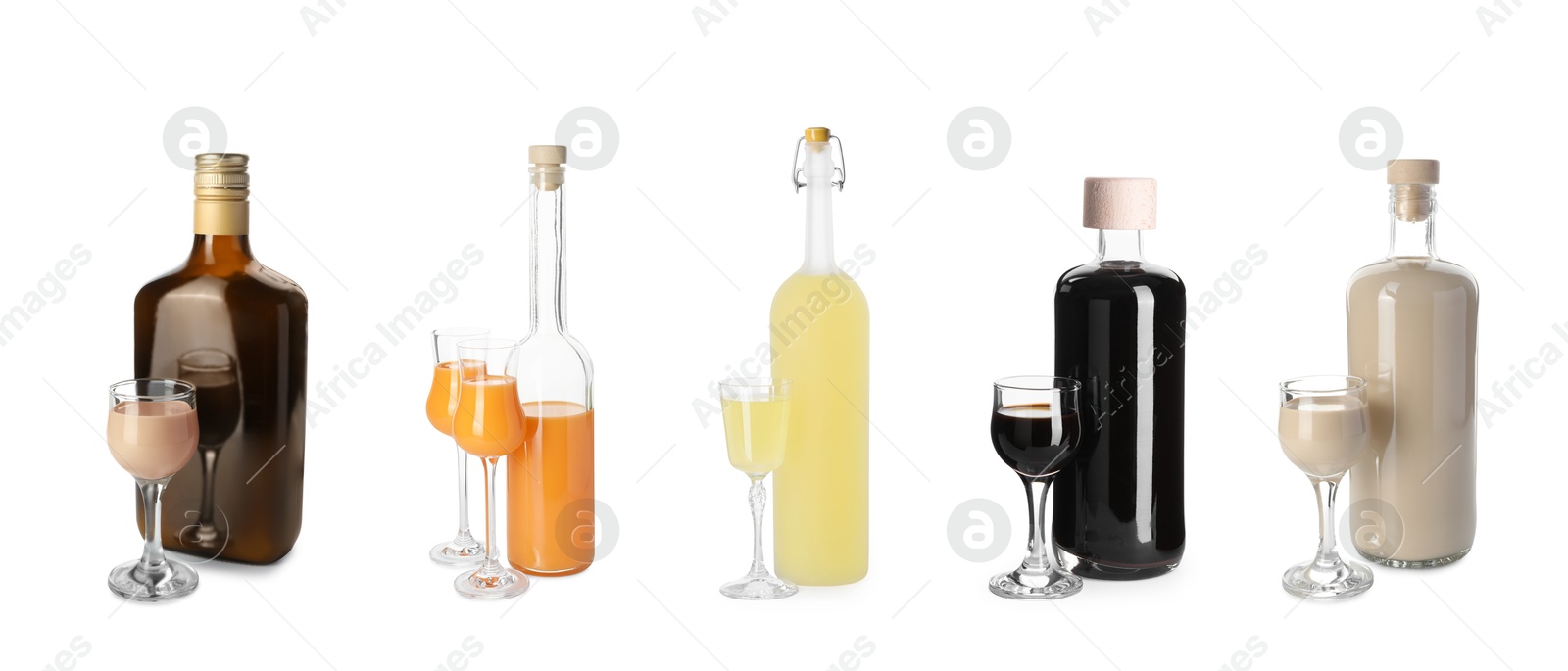 Image of Collection of different tasty liqueurs on white background