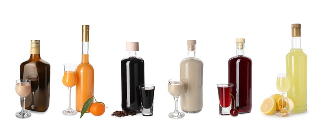 Image of Collection of different tasty liqueurs on white background