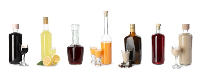 Image of Collection of different tasty liqueurs on white background