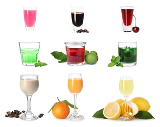 Image of Different tasty liqueurs in glasses on white background, collection