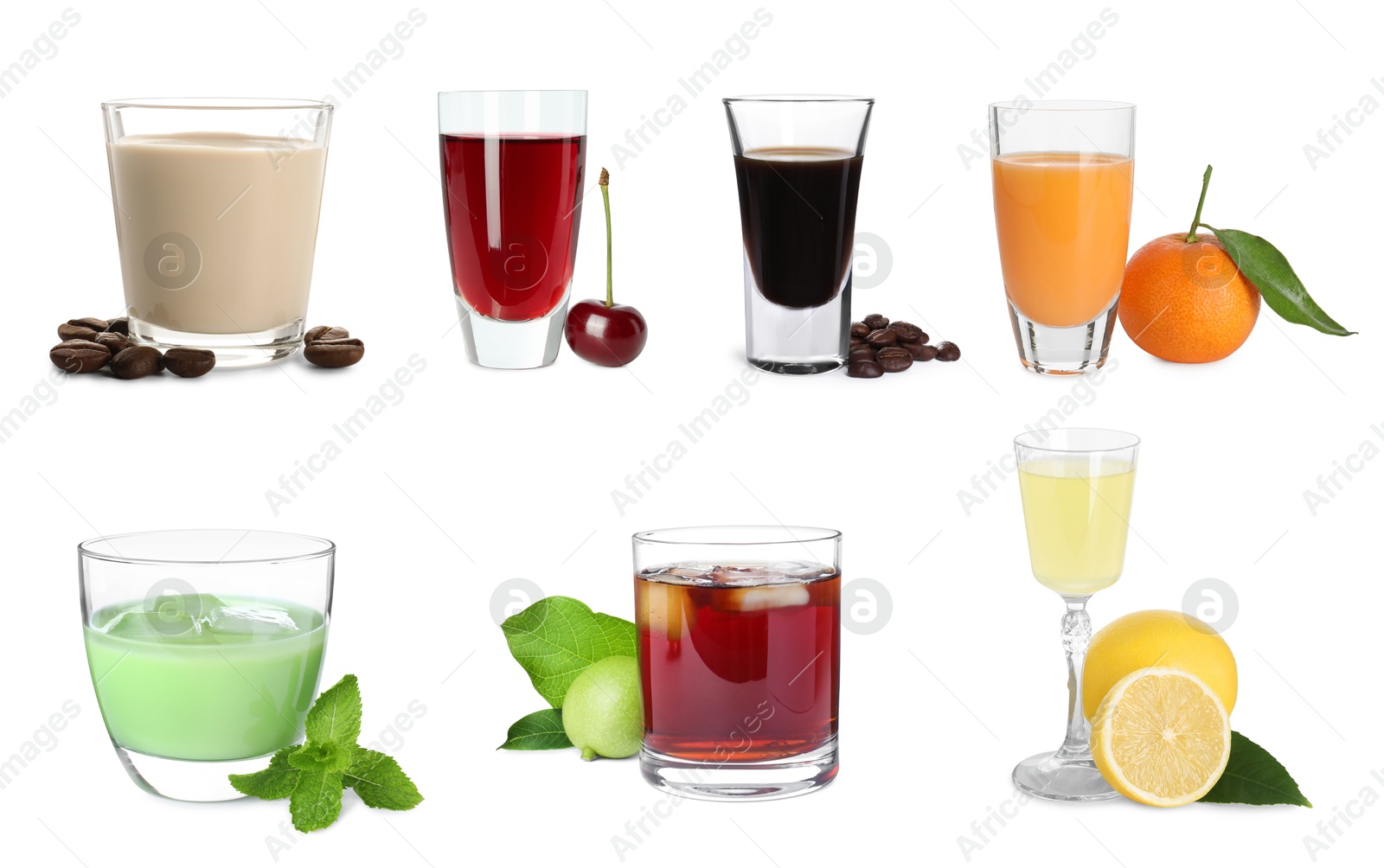 Image of Different tasty liqueurs in glasses on white background, collection