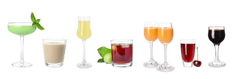 Image of Different tasty liqueurs in glasses on white background, collection