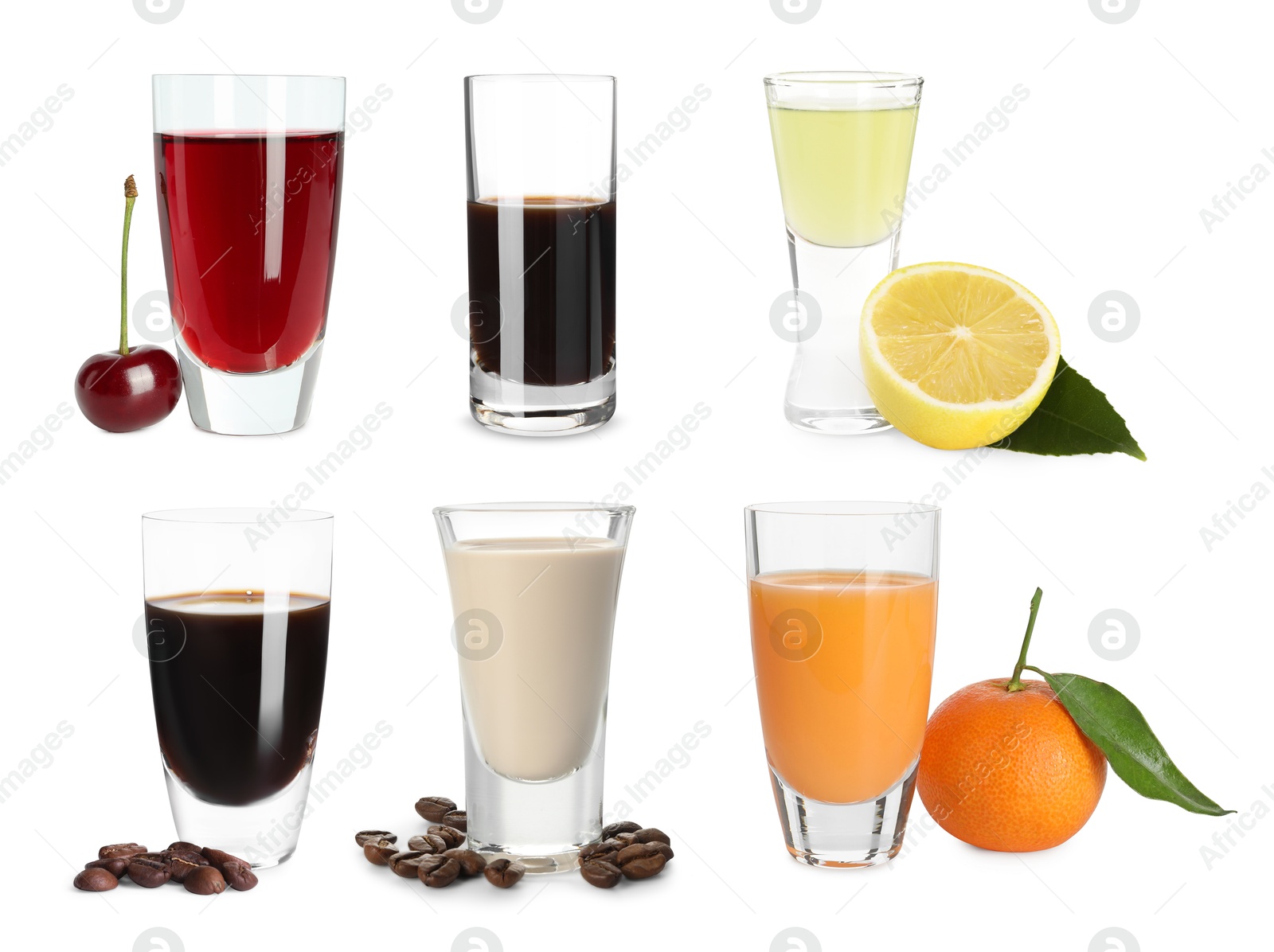 Image of Different tasty liqueurs in glasses on white background, collection