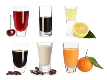 Image of Different tasty liqueurs in glasses on white background, collection