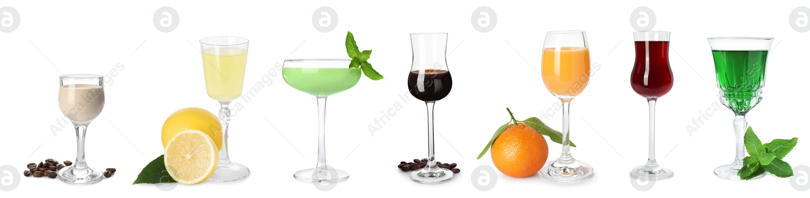 Image of Different tasty liqueurs in glasses on white background, collection