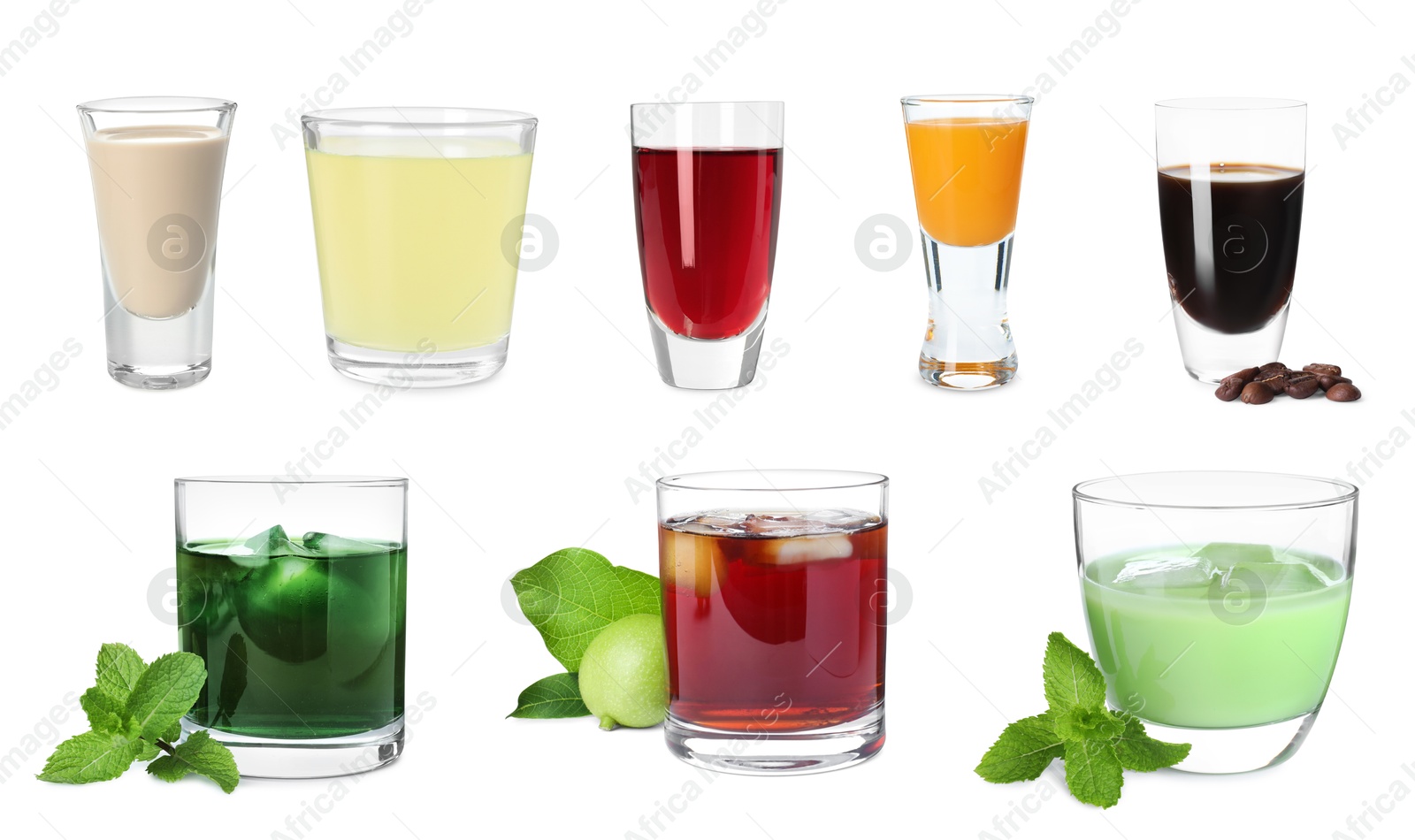 Image of Different tasty liqueurs in glasses on white background, collection