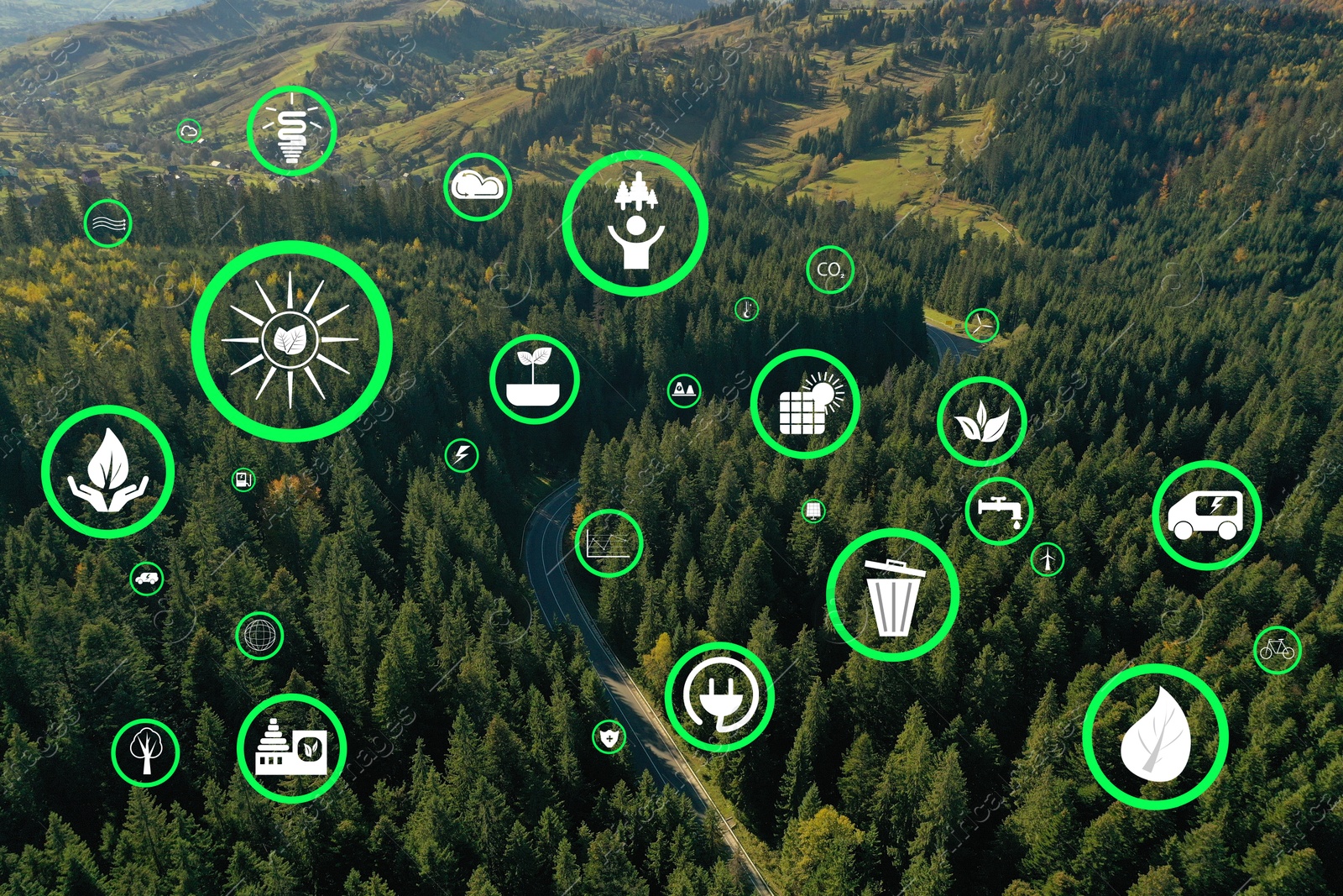 Image of Environmental protection. Many different icons and mountain landscape