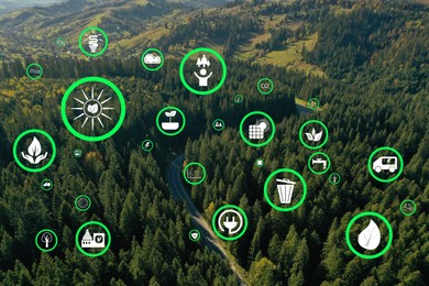 Image of Environmental protection. Many different icons and mountain landscape