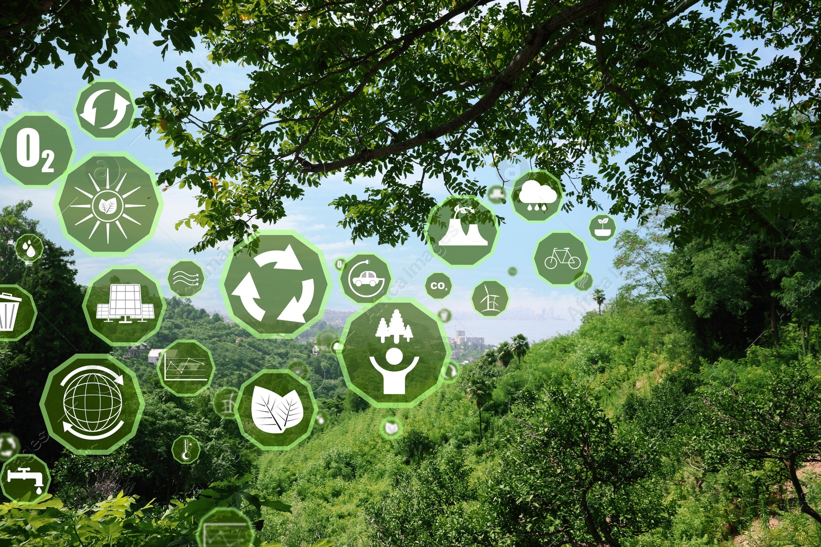 Image of Environmental protection. Many different icons and mountain landscape