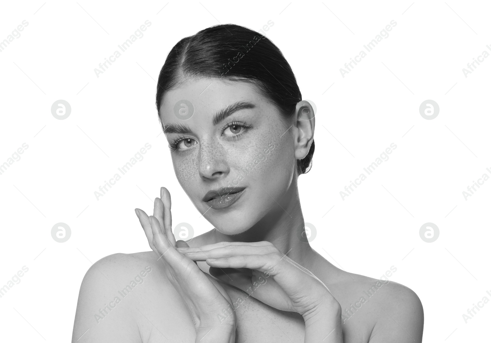 Image of Black and white portrait of beautiful woman on white background