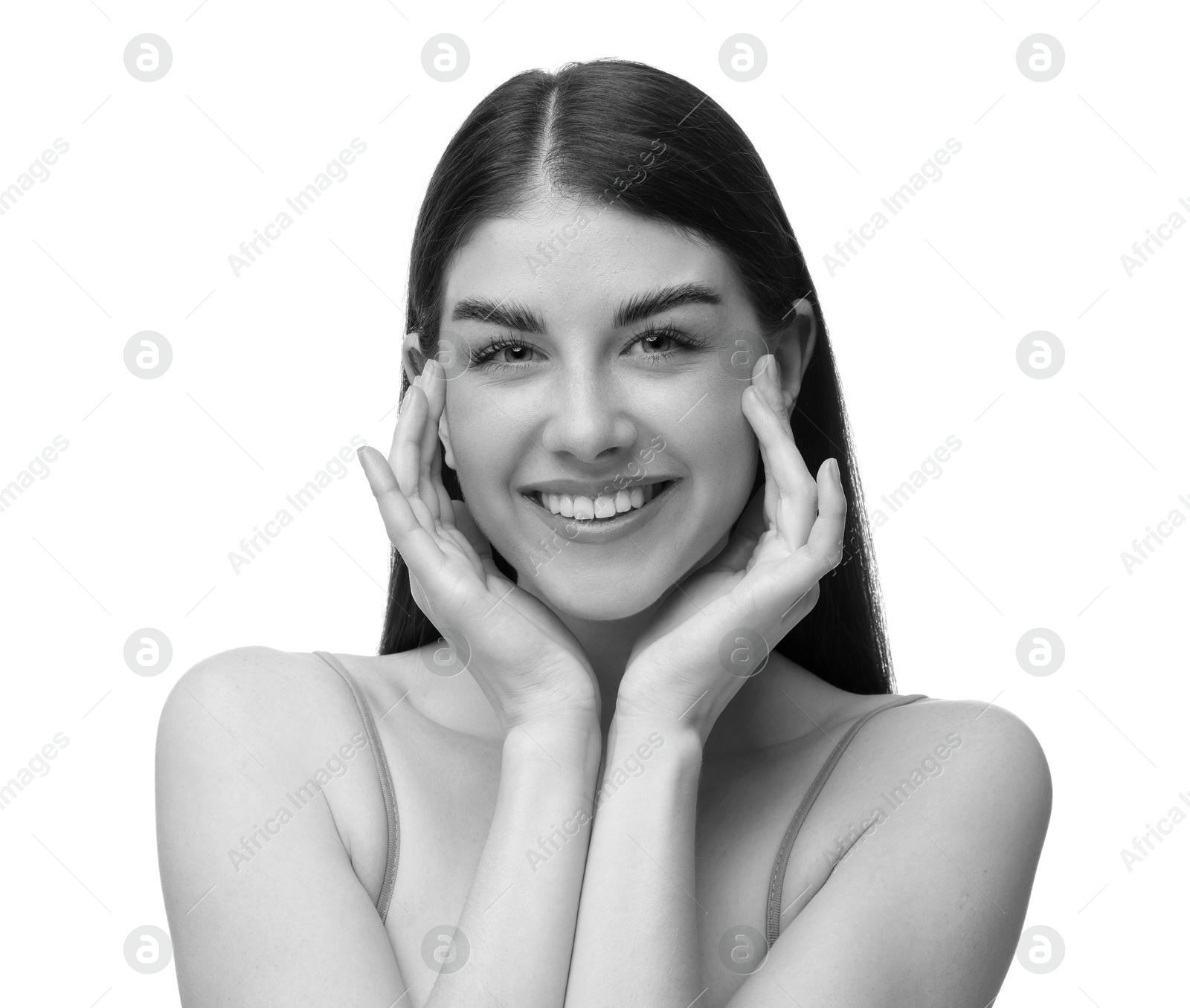 Image of Black and white portrait of beautiful woman on white background